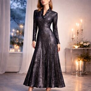 VTG 1970s Metallic Lurex Evening Dress Black Silver Shimmer Gala Cocktail Size M